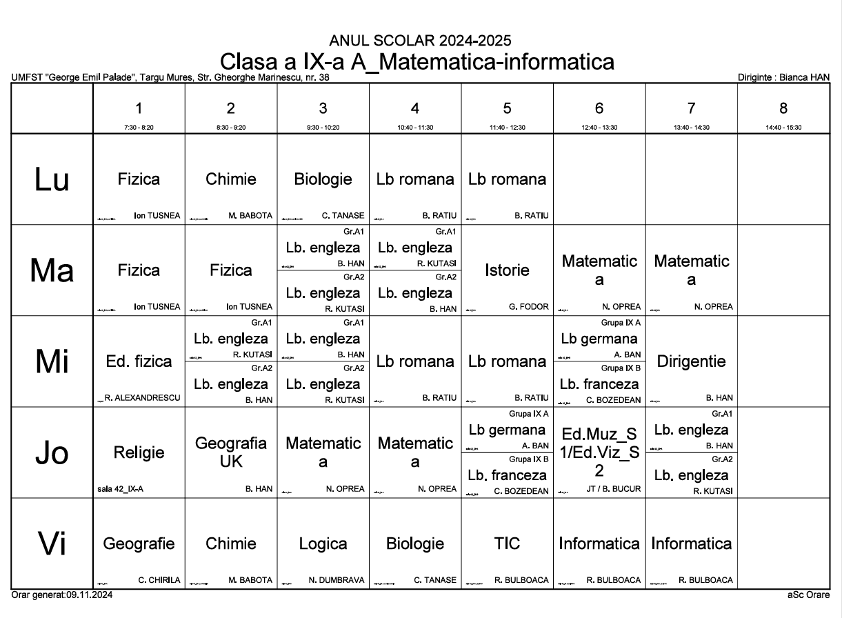 Orarul Clasei 9A