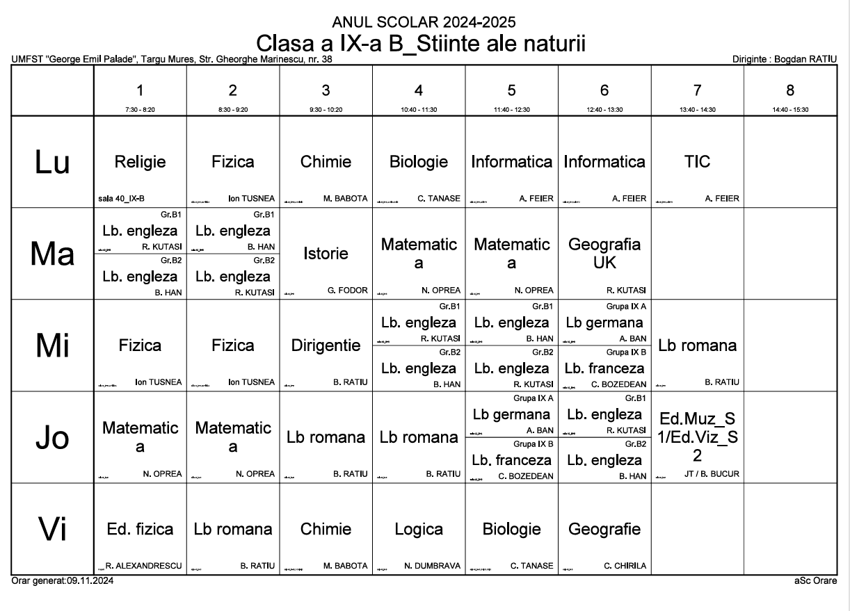 Orarul Clasei 9B